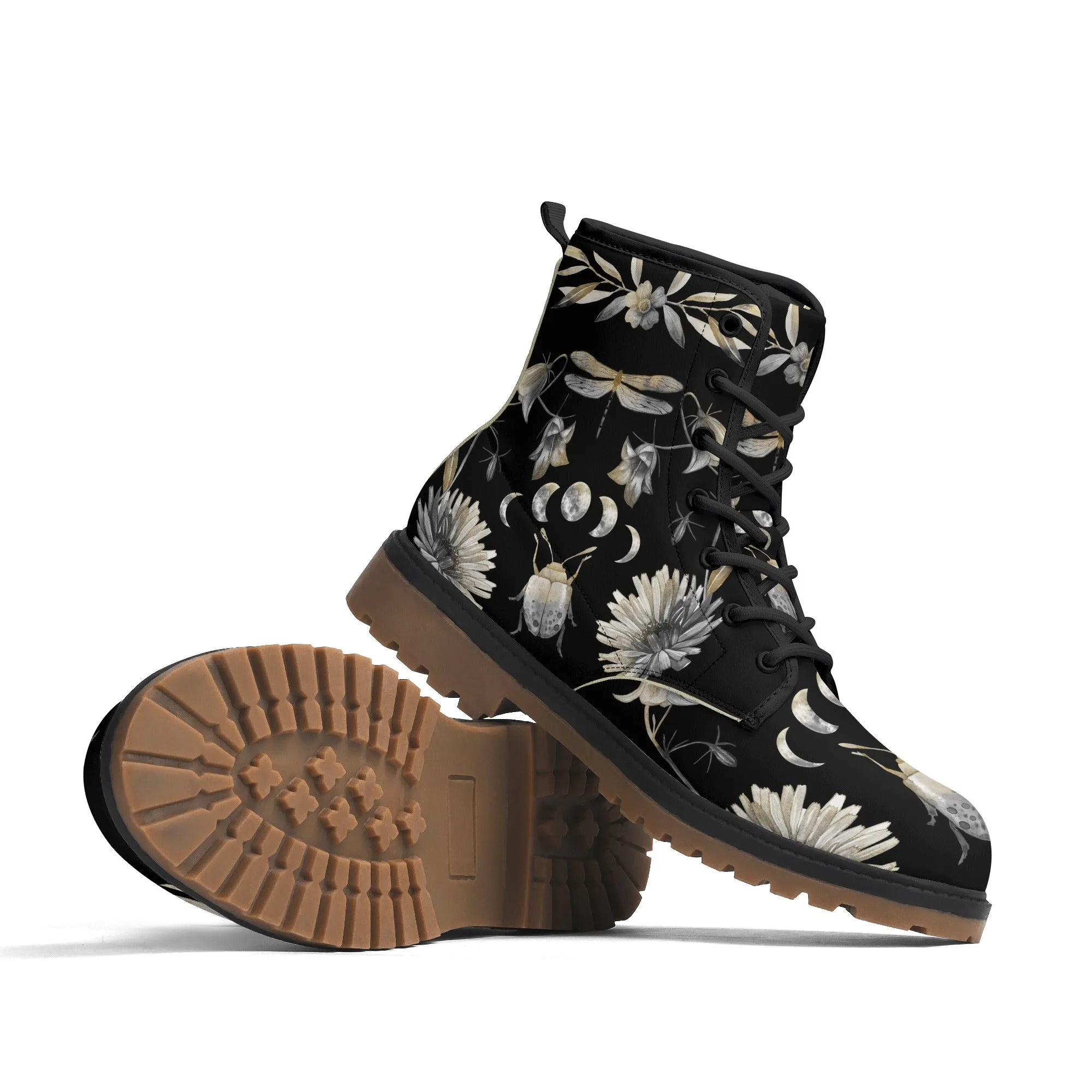 Gray Beetle and Moon Phases Womens Luxe Combat Boots