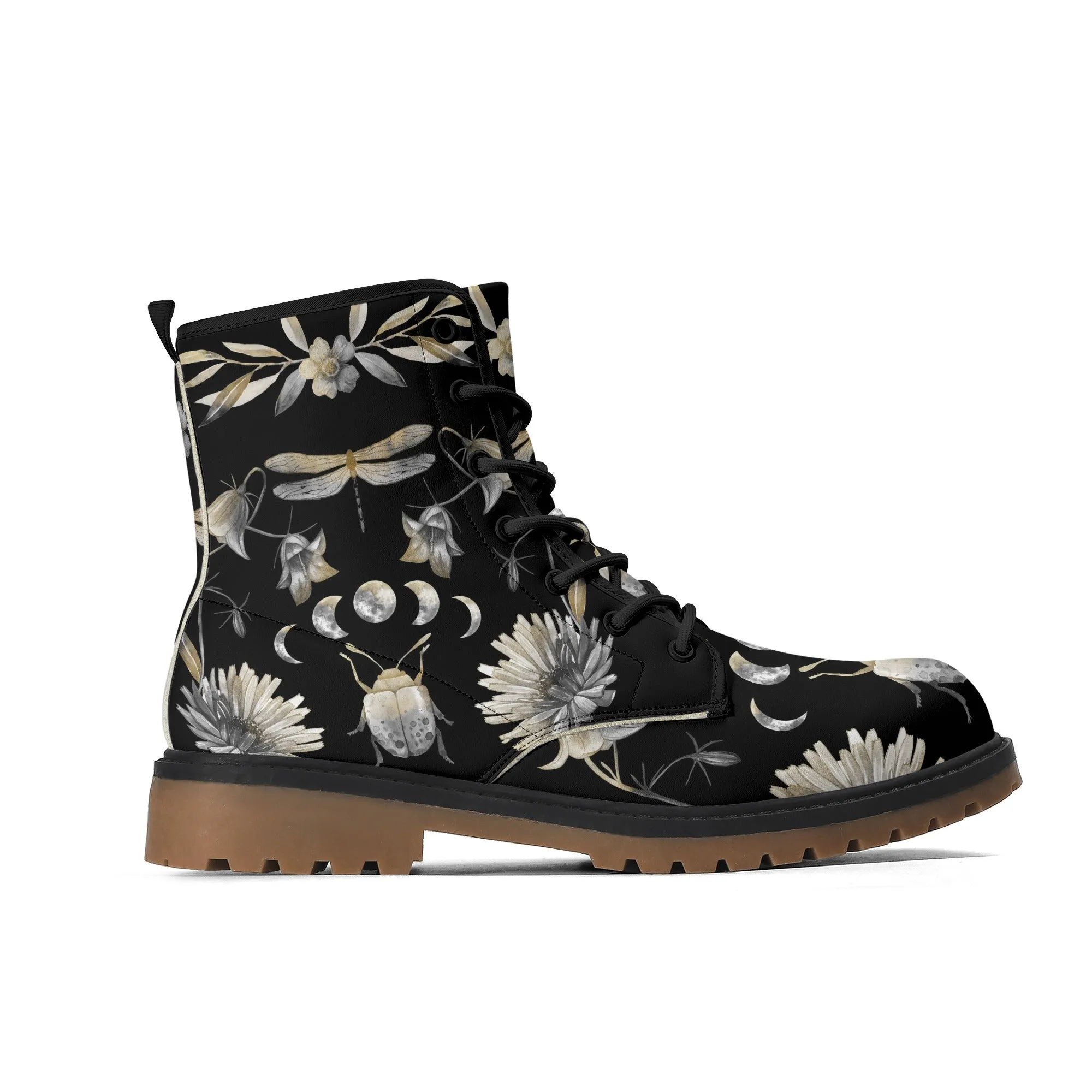 Gray Beetle and Moon Phases Womens Luxe Combat Boots