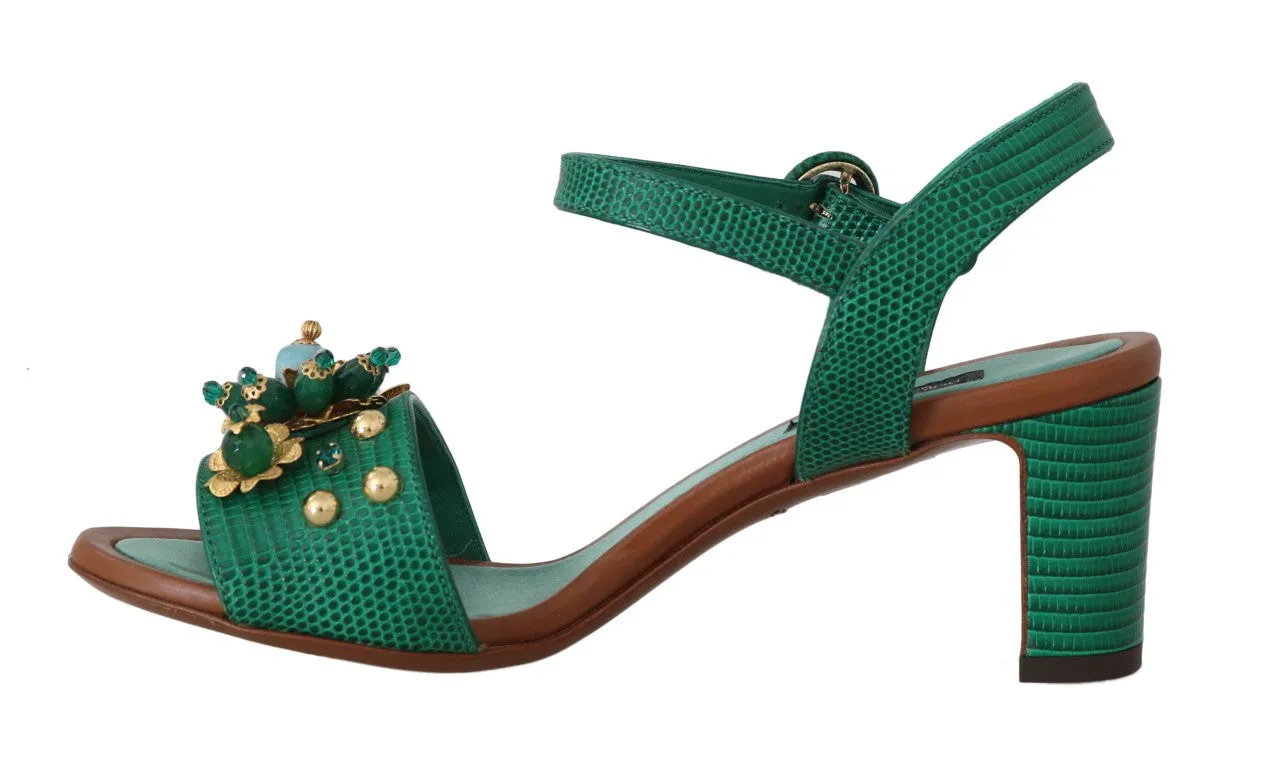 Green Leather Crystal Strap Sandals