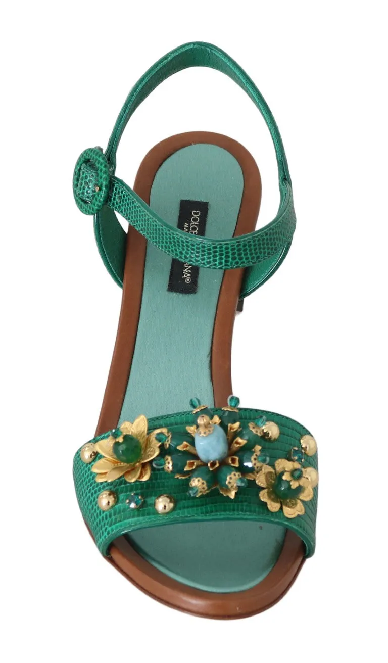 Green Leather Crystal Strap Sandals