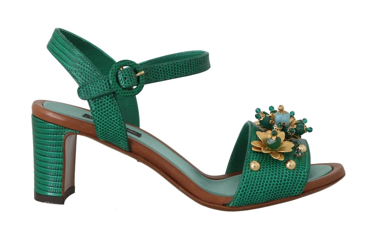 Green Leather Crystal Strap Sandals