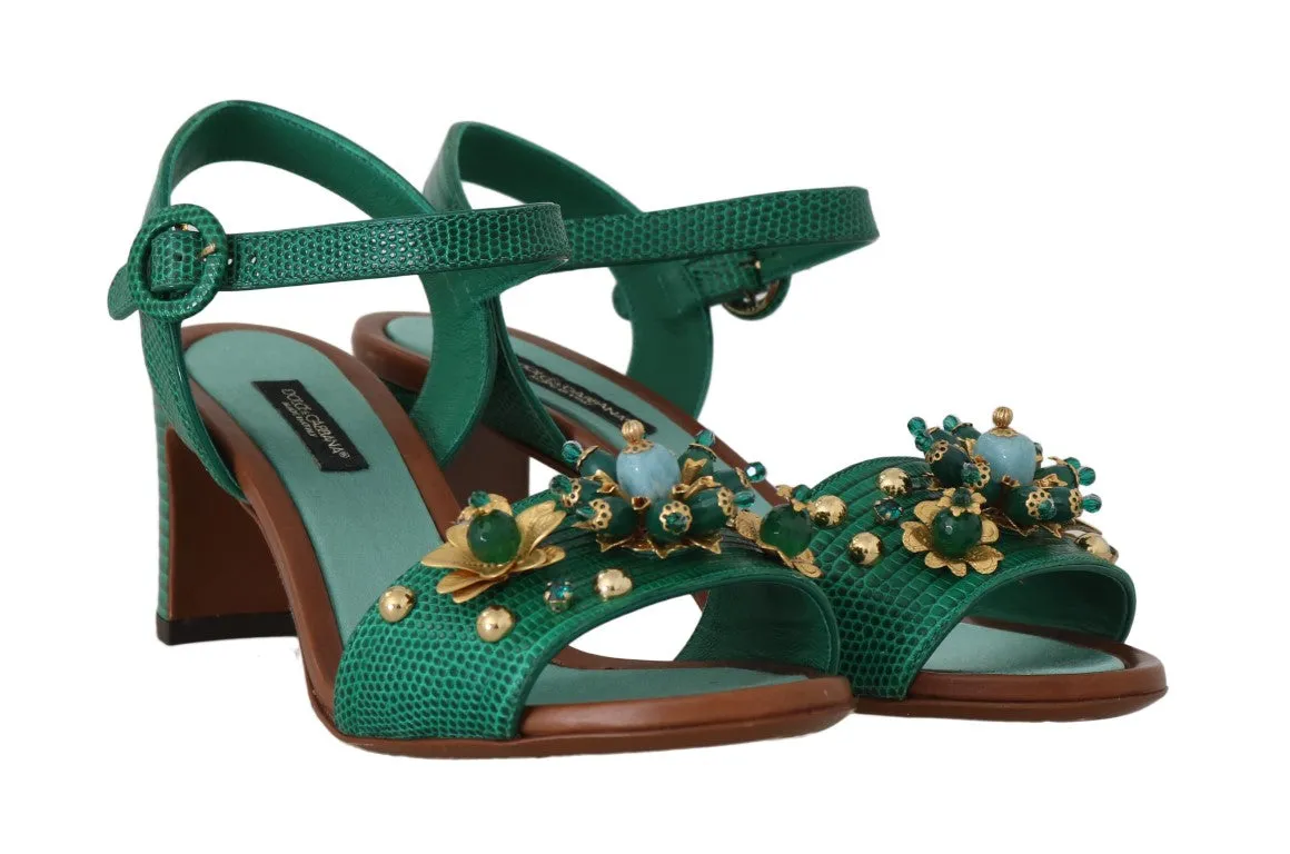 Green Leather Crystal Strap Sandals