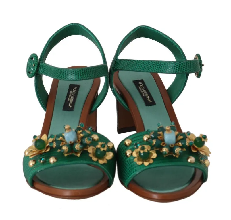 Green Leather Crystal Strap Sandals