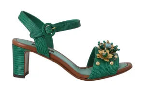 Green Leather Crystal Strap Sandals