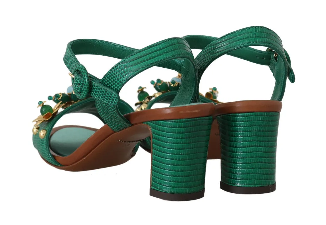 Green Leather Crystal Strap Sandals