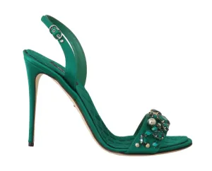 Green Silk Stiletto Crystals Sandal