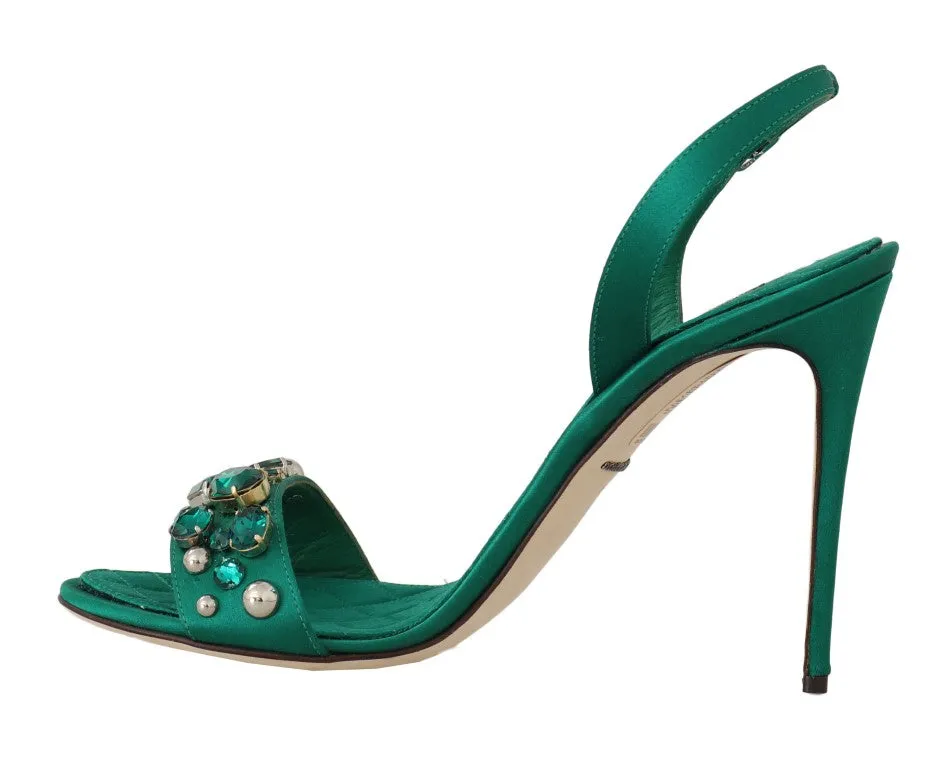 Green Silk Stiletto Crystals Sandal