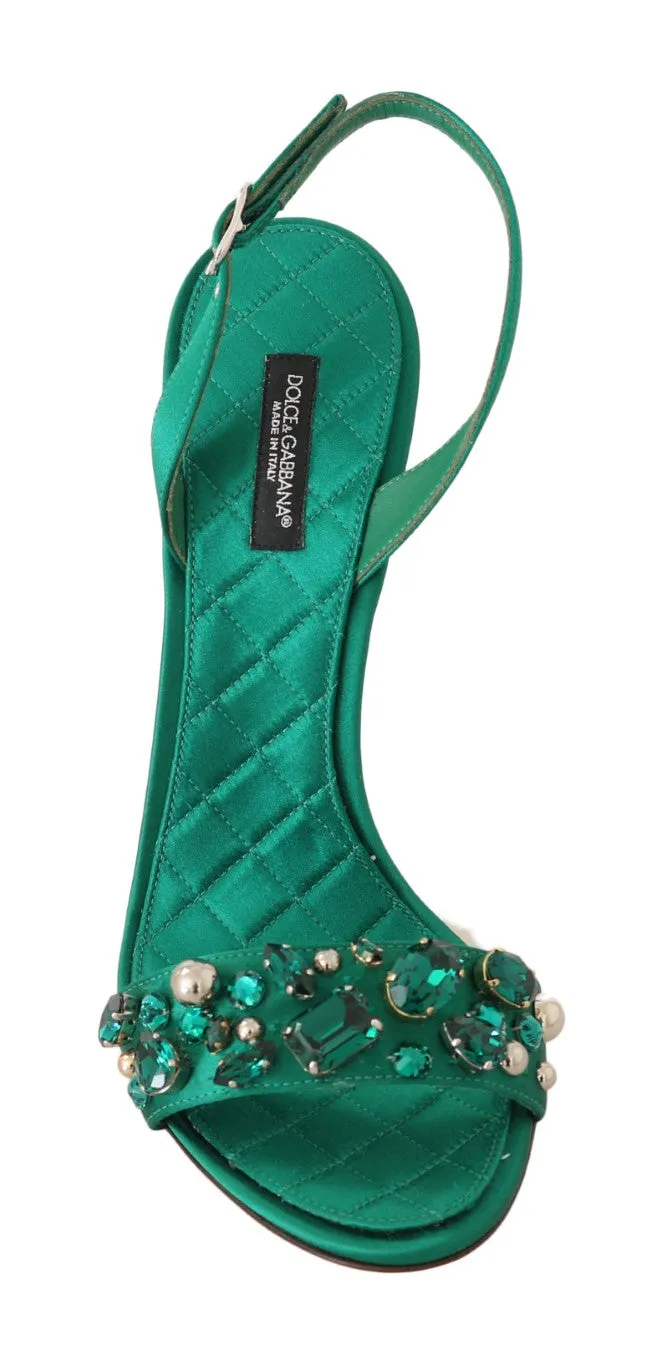 Green Silk Stiletto Crystals Sandal