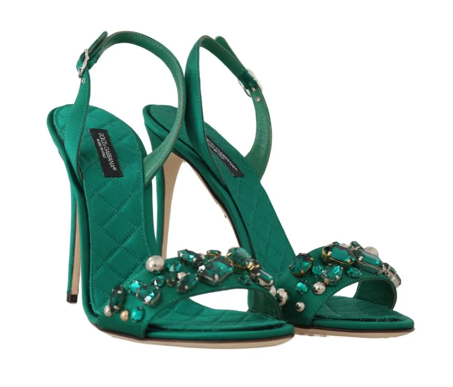 Green Silk Stiletto Crystals Sandal