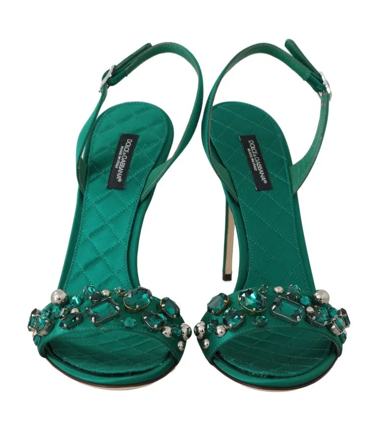 Green Silk Stiletto Crystals Sandal