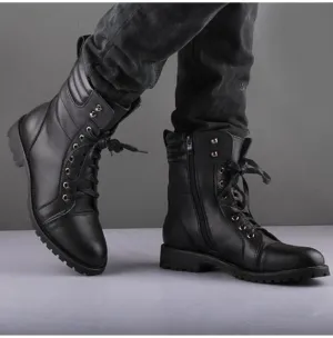 Handmade Black Leather Combat Boots for Men