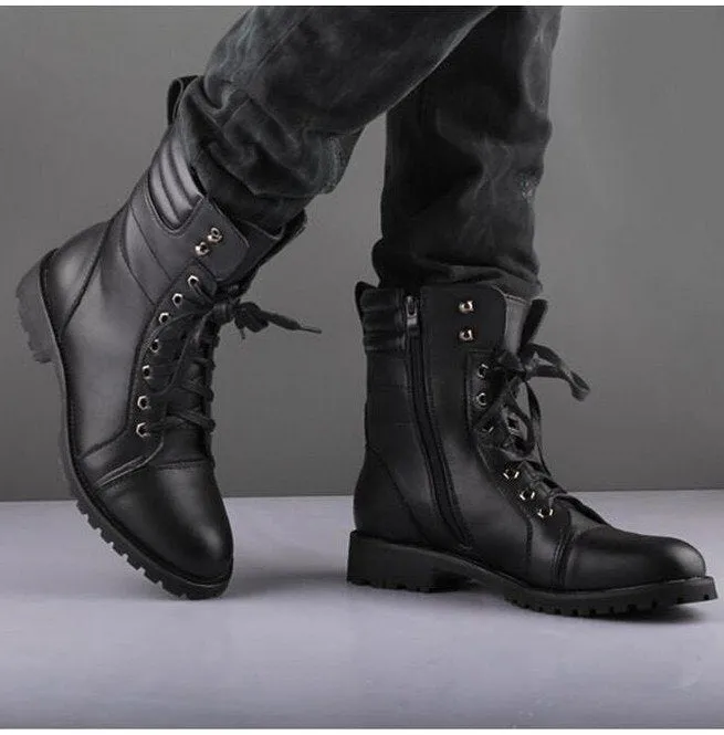 Handmade Black Leather Combat Boots for Men