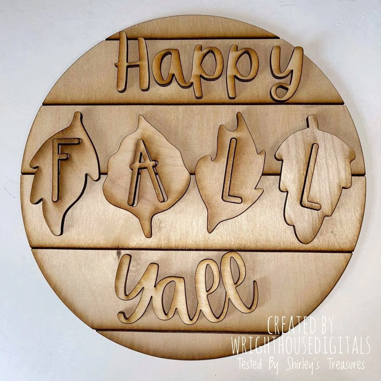 Happy Fall Yall In Leaves Autumn Door Hanger Round - Seasonal Sign Making and DIY Kits - Cut File For Glowforge Lasers - Digital SVG File
