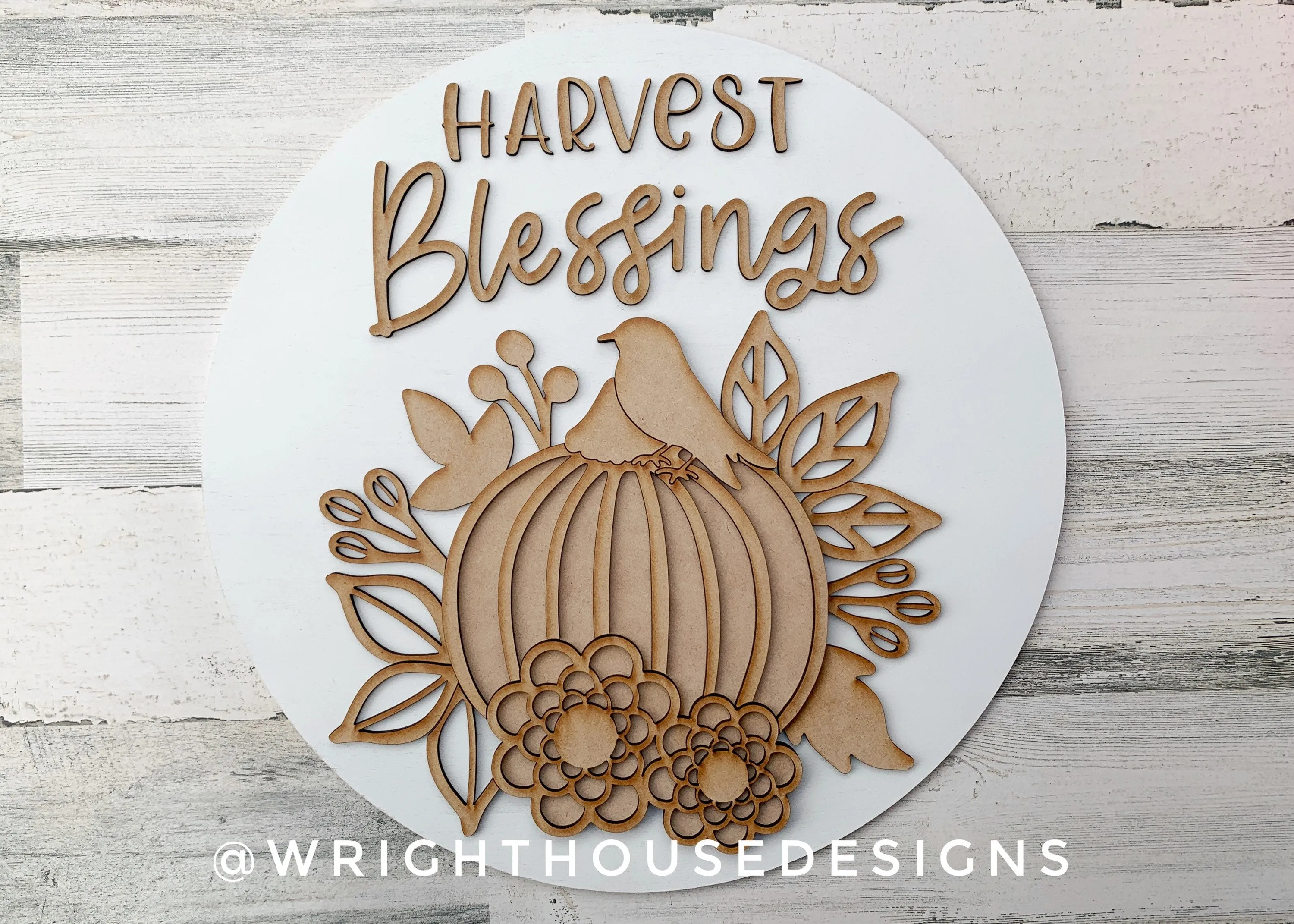 Harvest Blessings Pumpkin and Floral Door Hanger Round - Seasonal Sign Making and DIY Kits - Cut File For Glowforge Laser - Digital SVG File