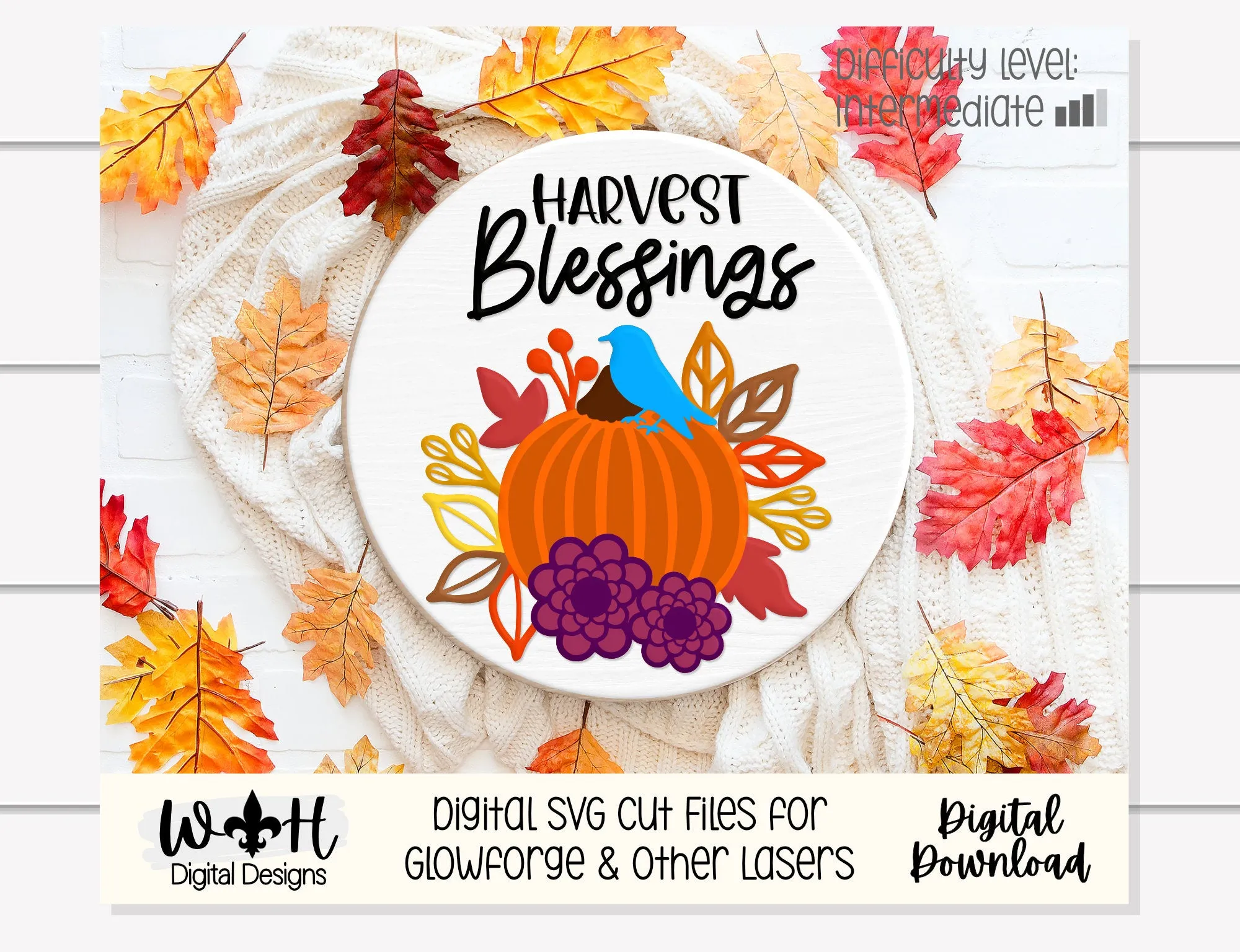 Harvest Blessings Pumpkin and Floral Door Hanger Round - Seasonal Sign Making and DIY Kits - Cut File For Glowforge Laser - Digital SVG File