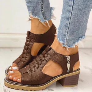 Hatmeo Arch Support Block Heel Zipper Sandals