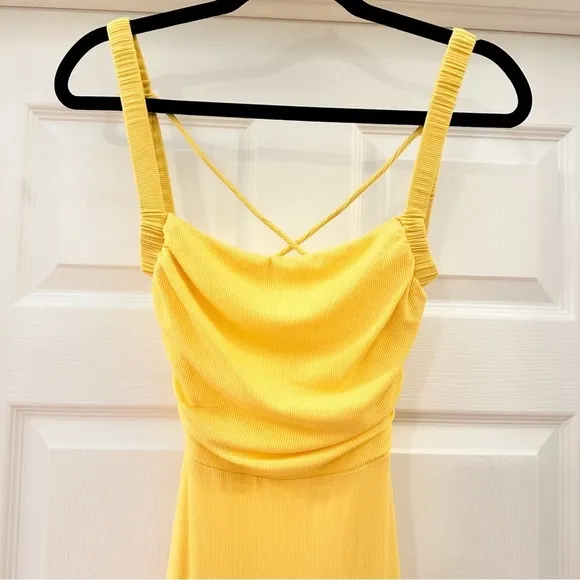 Hello Molly RADIO WAVES MIDI DRESS YELLOW Ribbed Tie Back sz Small