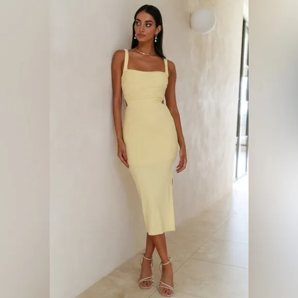 Hello Molly RADIO WAVES MIDI DRESS YELLOW Ribbed Tie Back sz Small