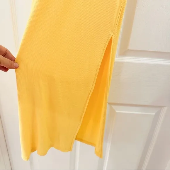 Hello Molly RADIO WAVES MIDI DRESS YELLOW Ribbed Tie Back sz Small