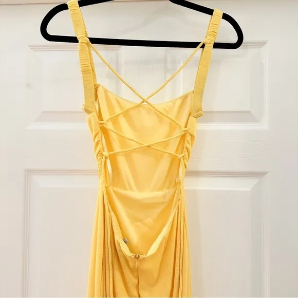 Hello Molly RADIO WAVES MIDI DRESS YELLOW Ribbed Tie Back sz Small