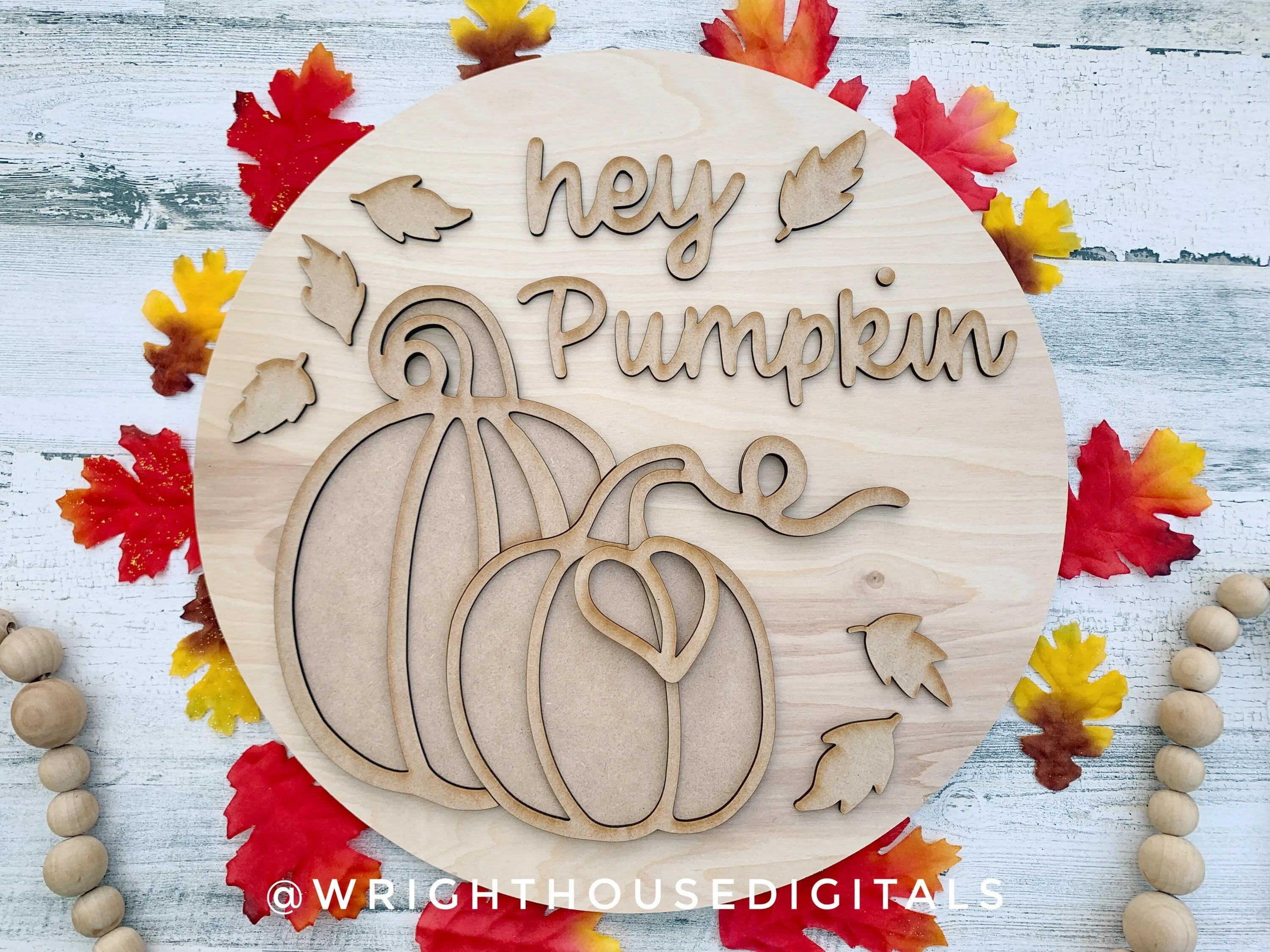 Hey Pumpkin Leafy Autumn Door Hanger Round - Seasonal Sign Making and DIY Kits - Cut File For Glowforge Lasers - Digital SVG File