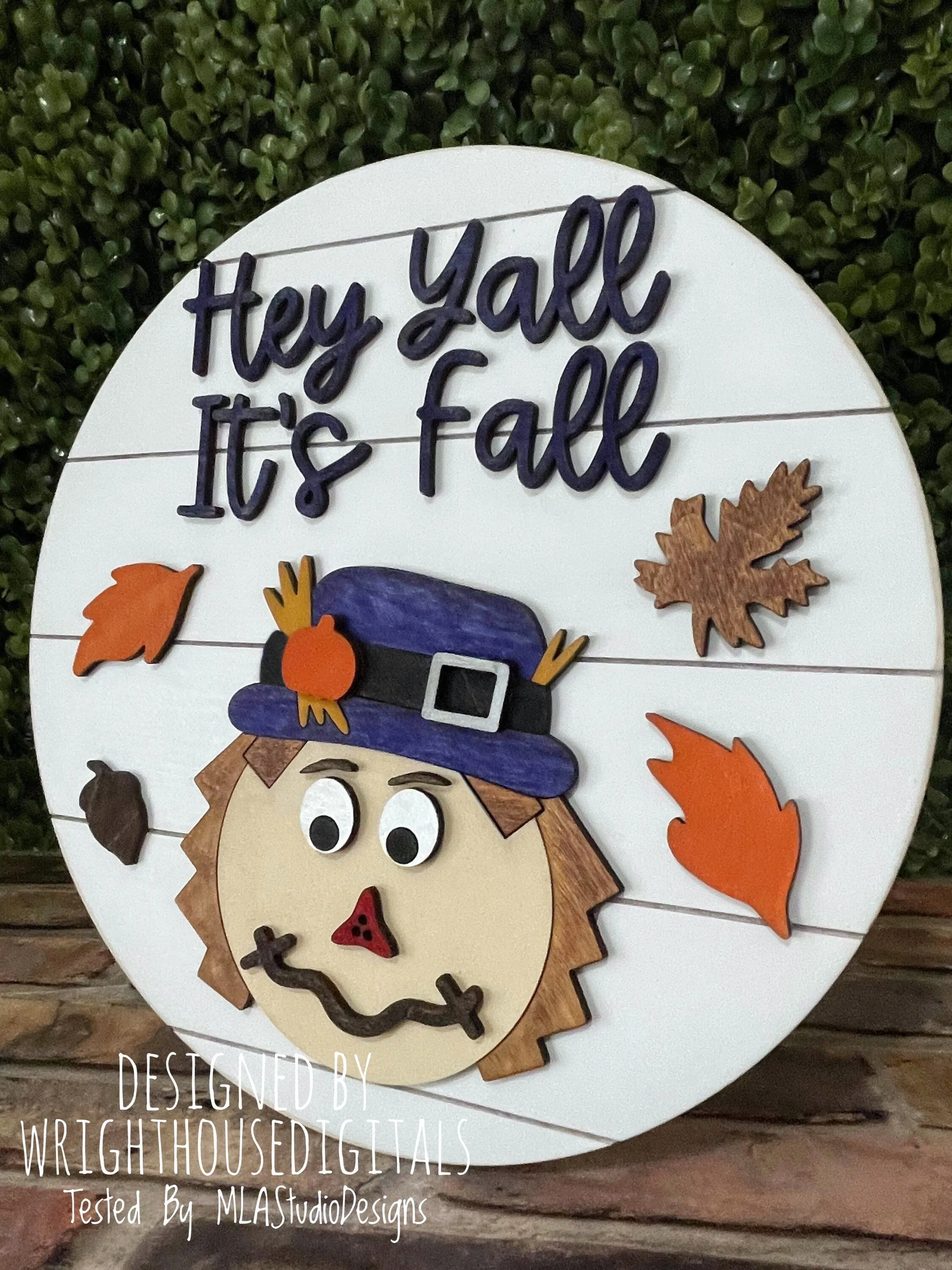 Hey Y'all It's Fall Scarecrow Autumn Door Hanger Round - Seasonal Sign Making and DIY Kits - Cut File For Glowforge Laser - Digital SVG File