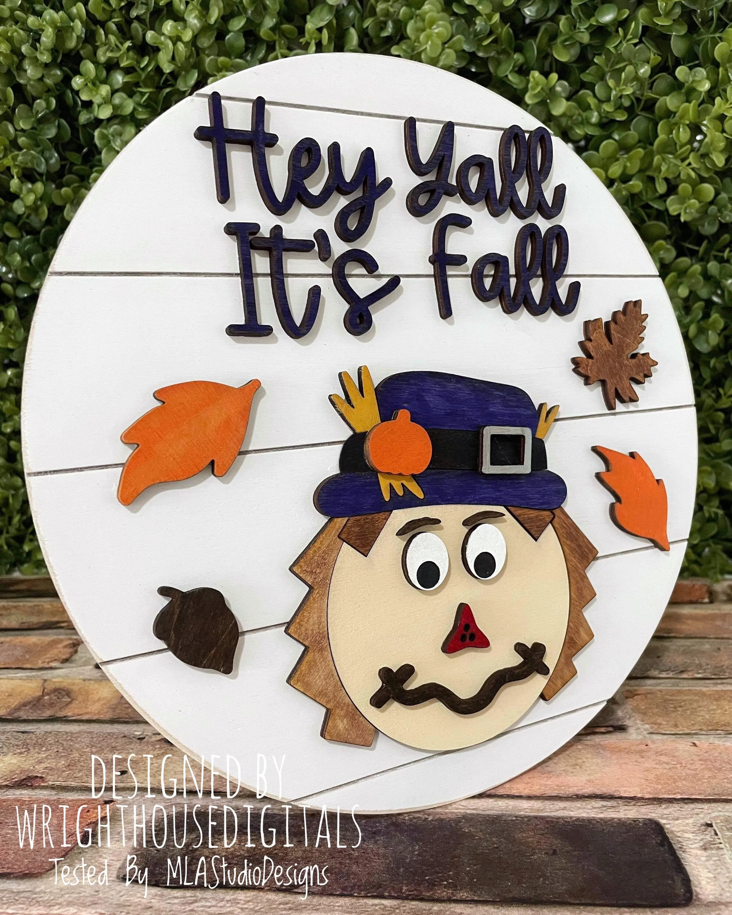 Hey Y'all It's Fall Scarecrow Autumn Door Hanger Round - Seasonal Sign Making and DIY Kits - Cut File For Glowforge Laser - Digital SVG File