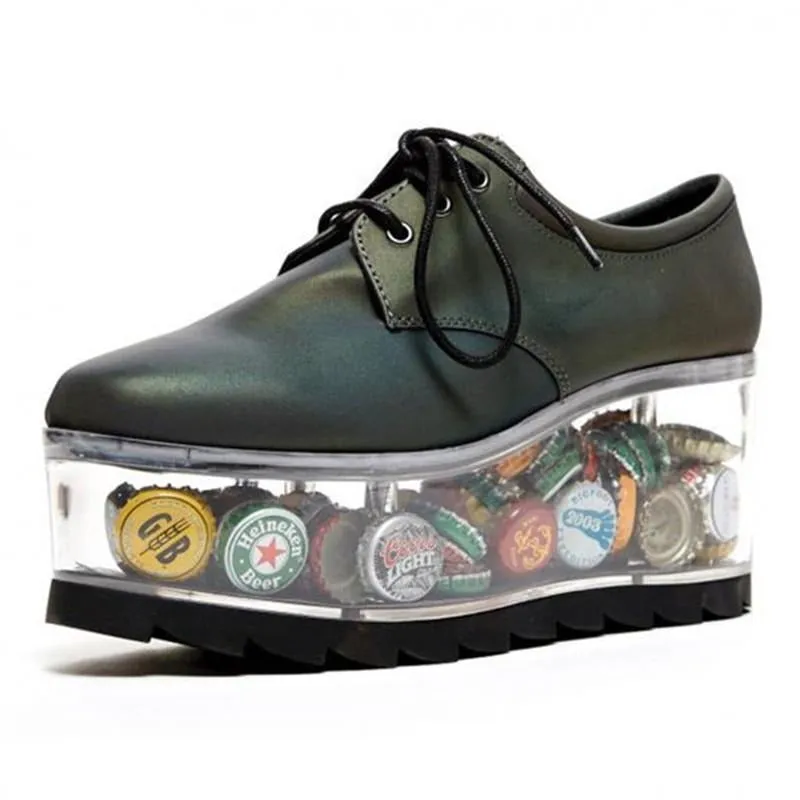 Individual Transparent Flat Platform Shoes Hollow Clear Heel Cross Tied Black White Casual Shoes Woman