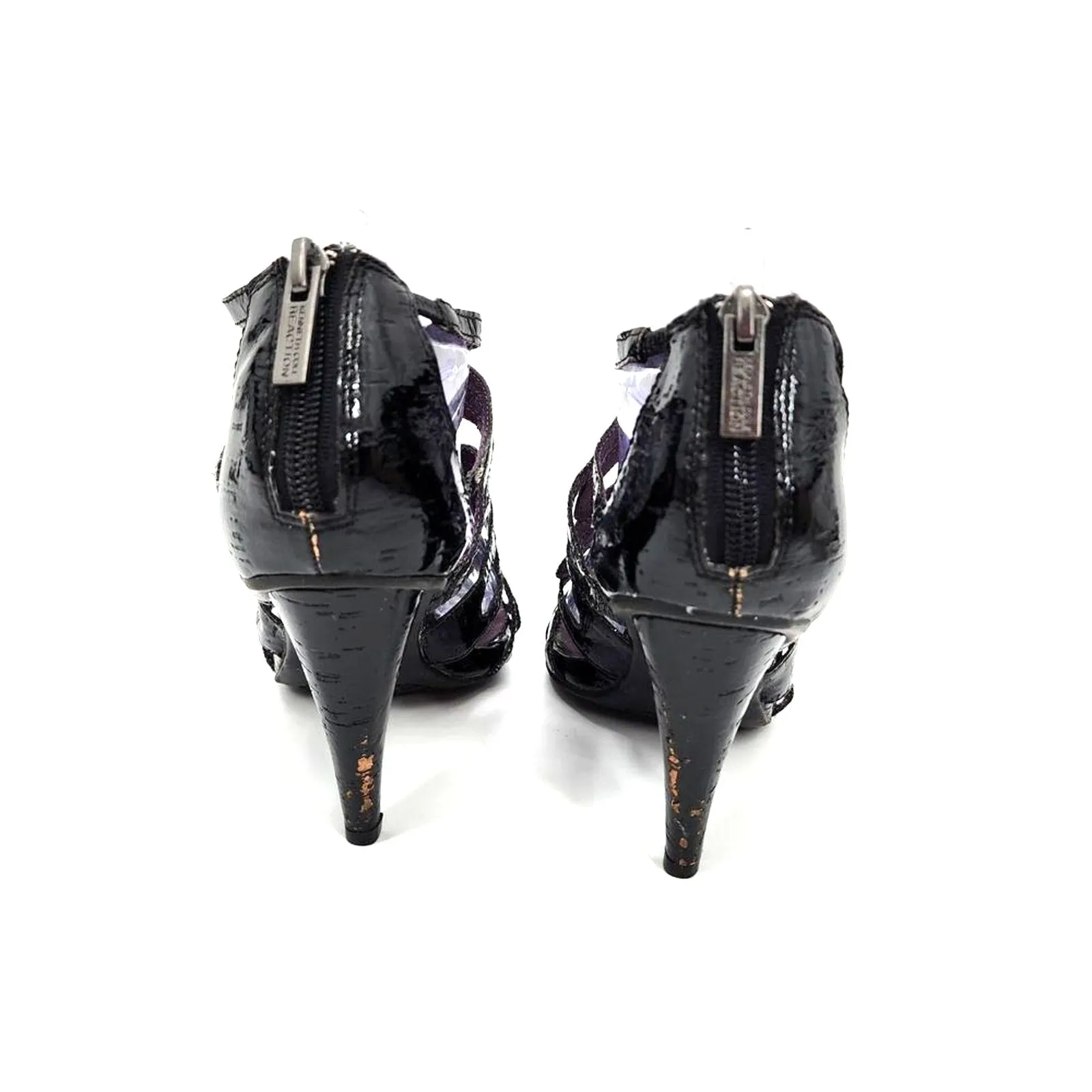 Kenneth Cole Reaction Black Patent Cage Slide In Open Toe Zip Up Heels Size 7.5