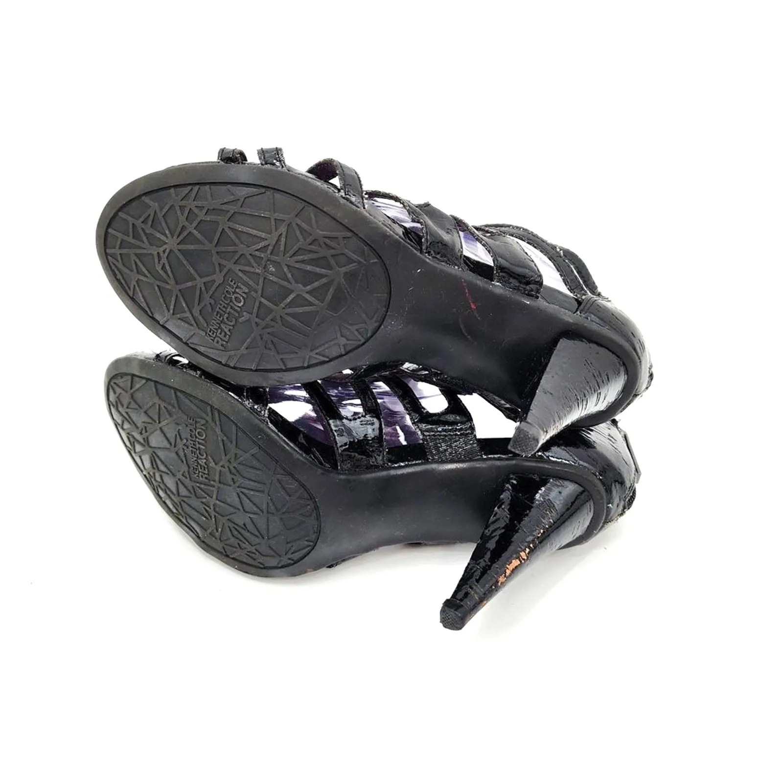 Kenneth Cole Reaction Black Patent Cage Slide In Open Toe Zip Up Heels Size 7.5