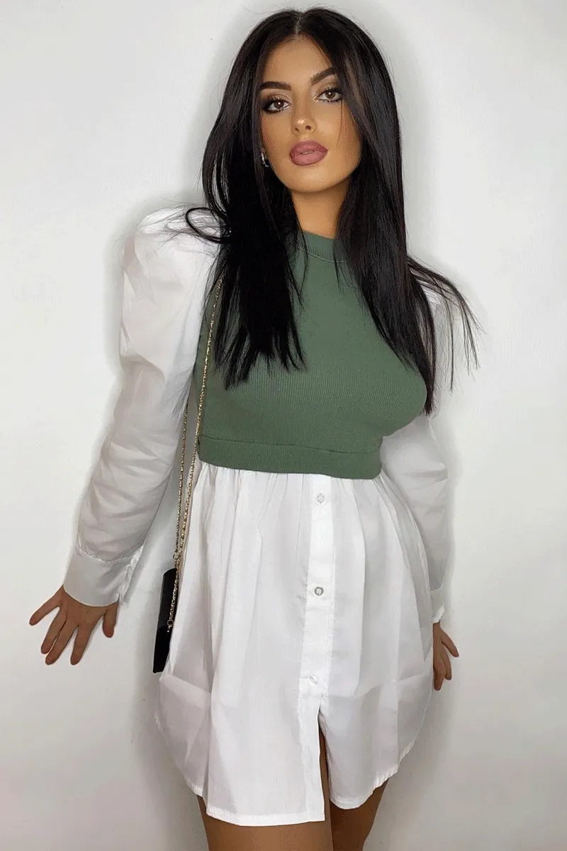 Khaki Overlay Detail Puff Sleeve White Shirt Dress - Olah
