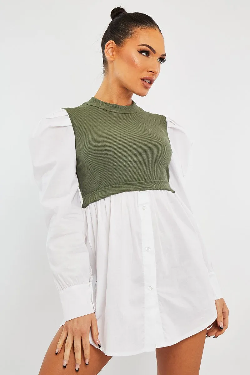 Khaki Overlay Detail Puff Sleeve White Shirt Dress - Olah