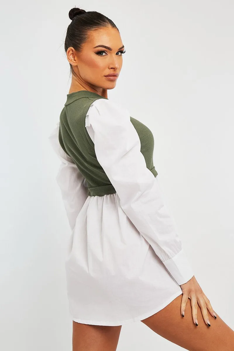 Khaki Overlay Detail Puff Sleeve White Shirt Dress - Olah