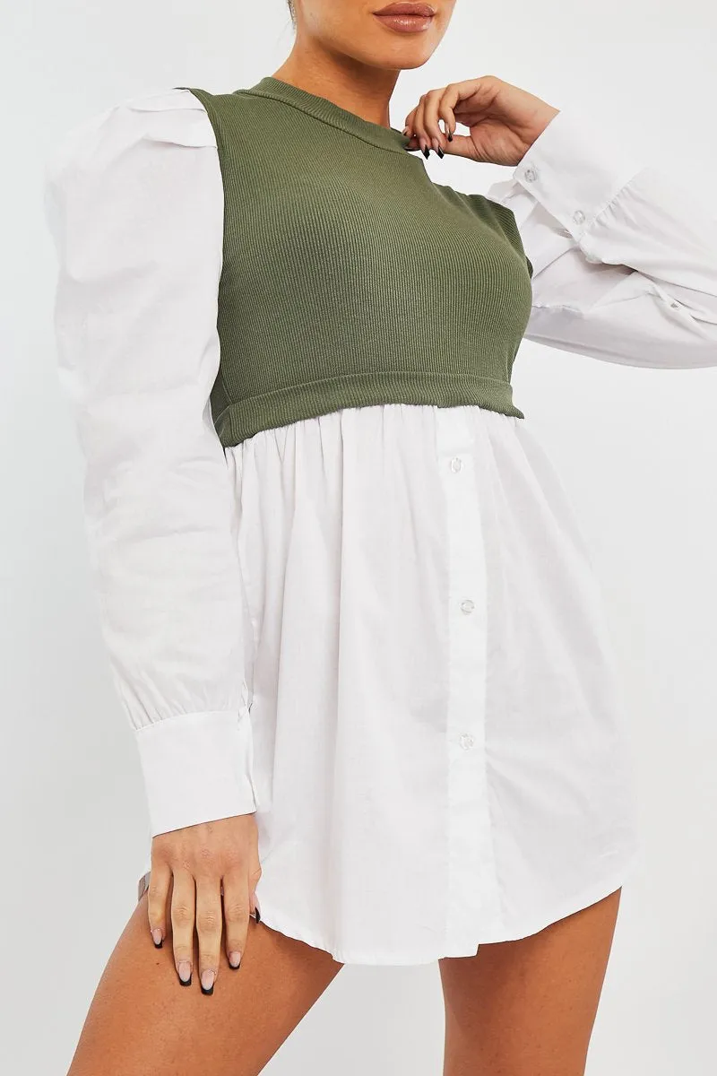 Khaki Overlay Detail Puff Sleeve White Shirt Dress - Olah
