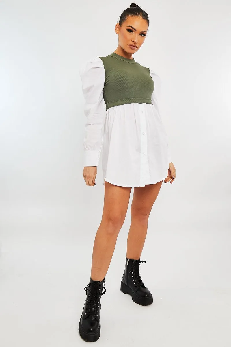Khaki Overlay Detail Puff Sleeve White Shirt Dress - Olah
