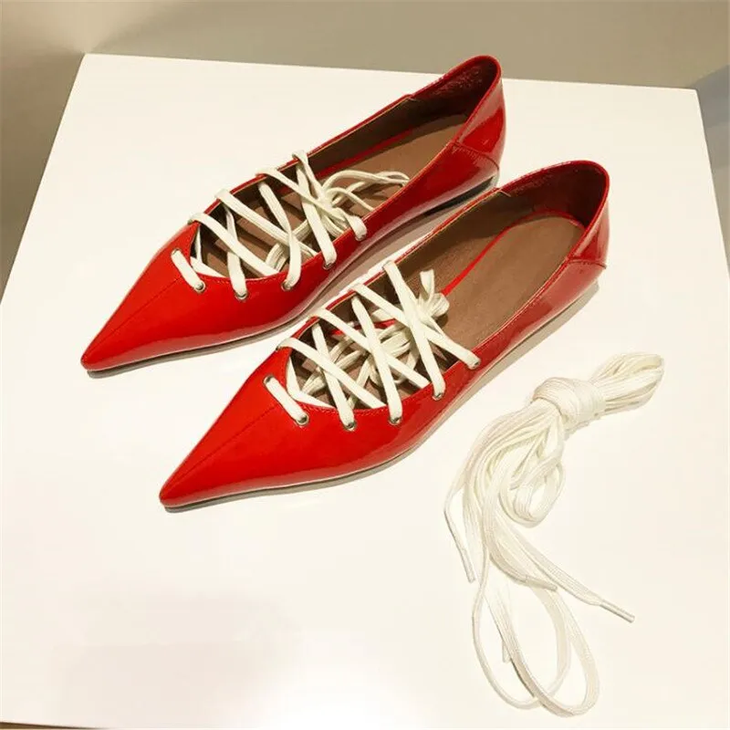 Ladies Black Red Leather Cross-tied Street Casual Style Women Flats Pointed Toe Strappy Shallow Women Shoes Woman