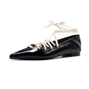 Ladies Black Red Leather Cross-tied Street Casual Style Women Flats Pointed Toe Strappy Shallow Women Shoes Woman
