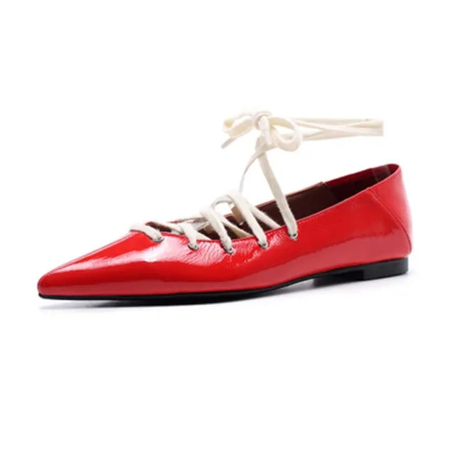 Ladies Black Red Leather Cross-tied Street Casual Style Women Flats Pointed Toe Strappy Shallow Women Shoes Woman