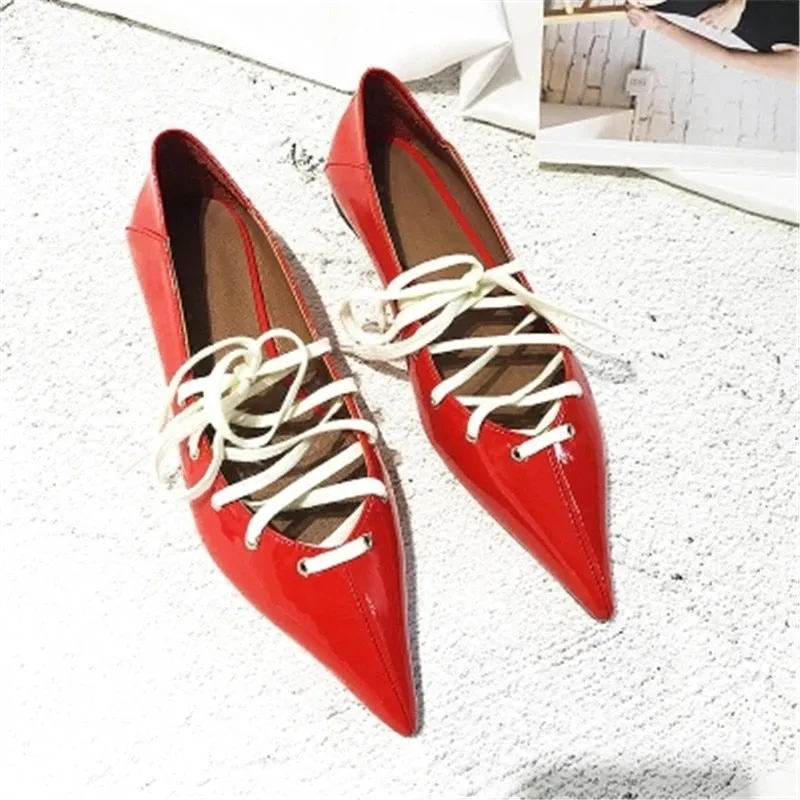 Ladies Black Red Leather Cross-tied Street Casual Style Women Flats Pointed Toe Strappy Shallow Women Shoes Woman