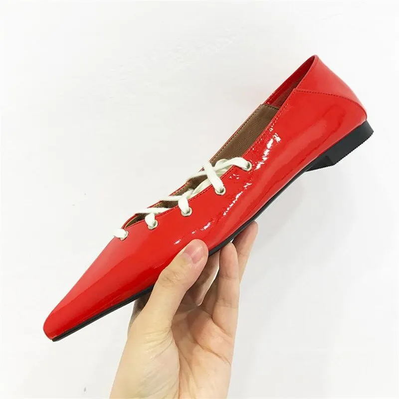 Ladies Black Red Leather Cross-tied Street Casual Style Women Flats Pointed Toe Strappy Shallow Women Shoes Woman