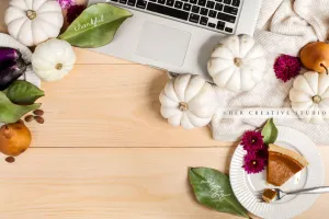 Laptop, Pumpkins Pie on Wooden Table