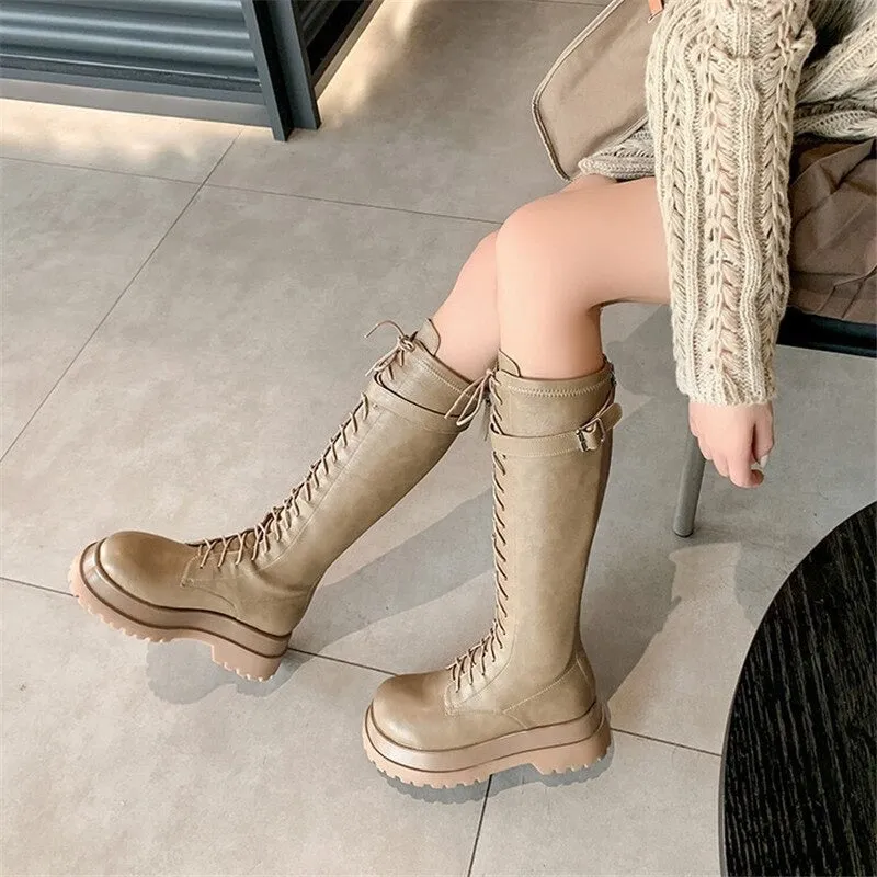Leather Military Combat Knee High Retro Boots