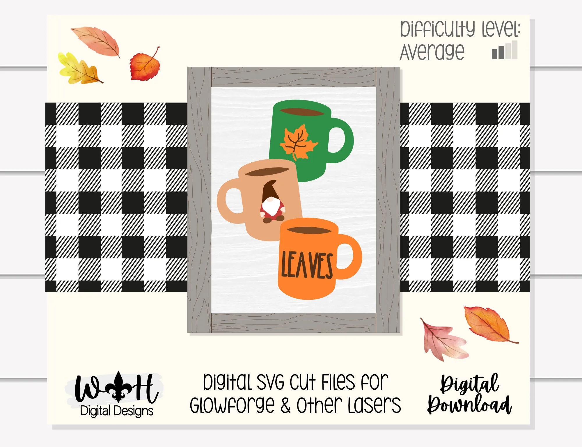 Leaves Stacked Coffee Mugs Farmhouse Frame Sign - Autumn Tiered Tray Decor and DIY Kits - Cut File For Glowforge Lasers - Digital SVG File