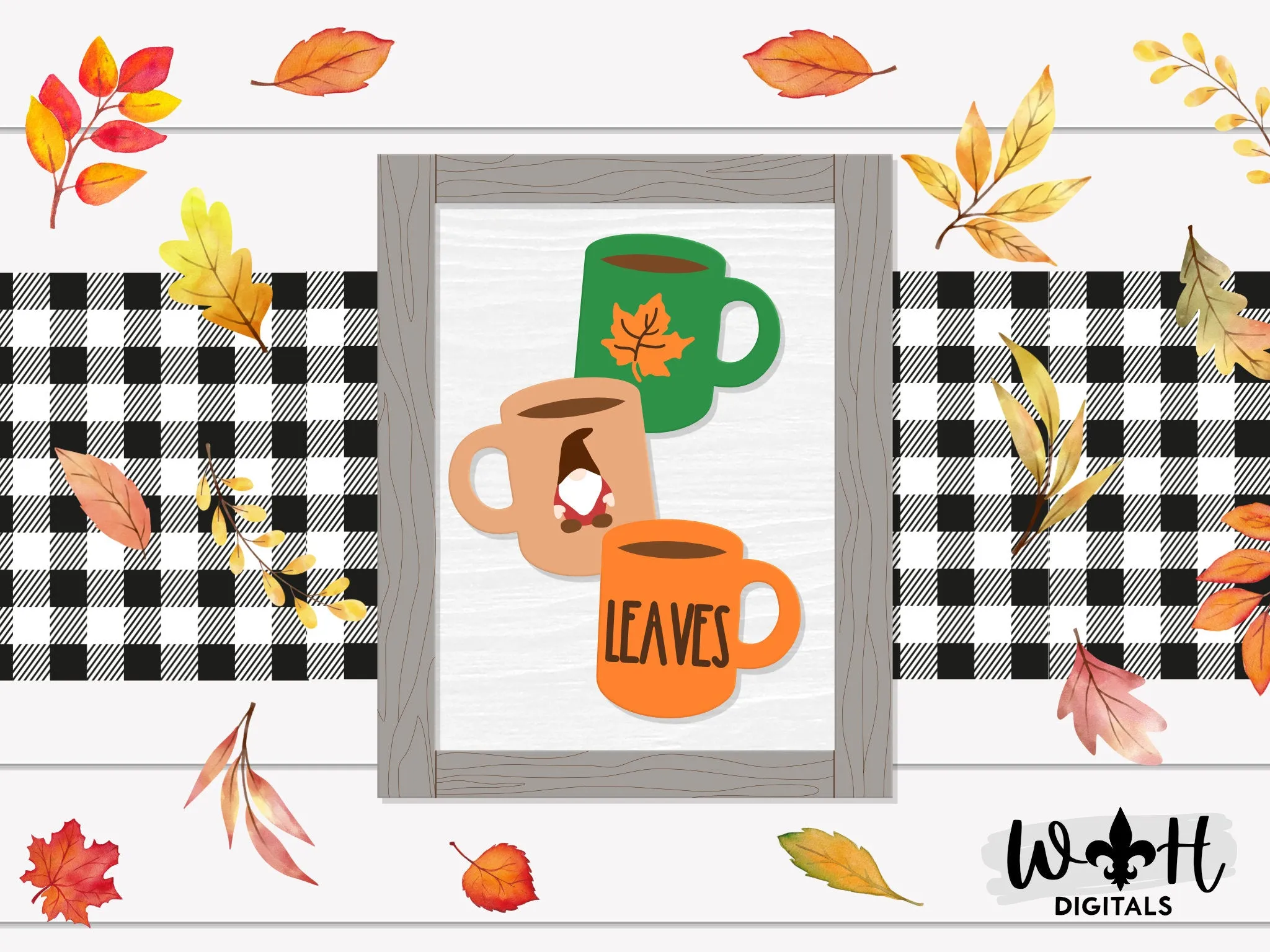 Leaves Stacked Coffee Mugs Farmhouse Frame Sign - Autumn Tiered Tray Decor and DIY Kits - Cut File For Glowforge Lasers - Digital SVG File