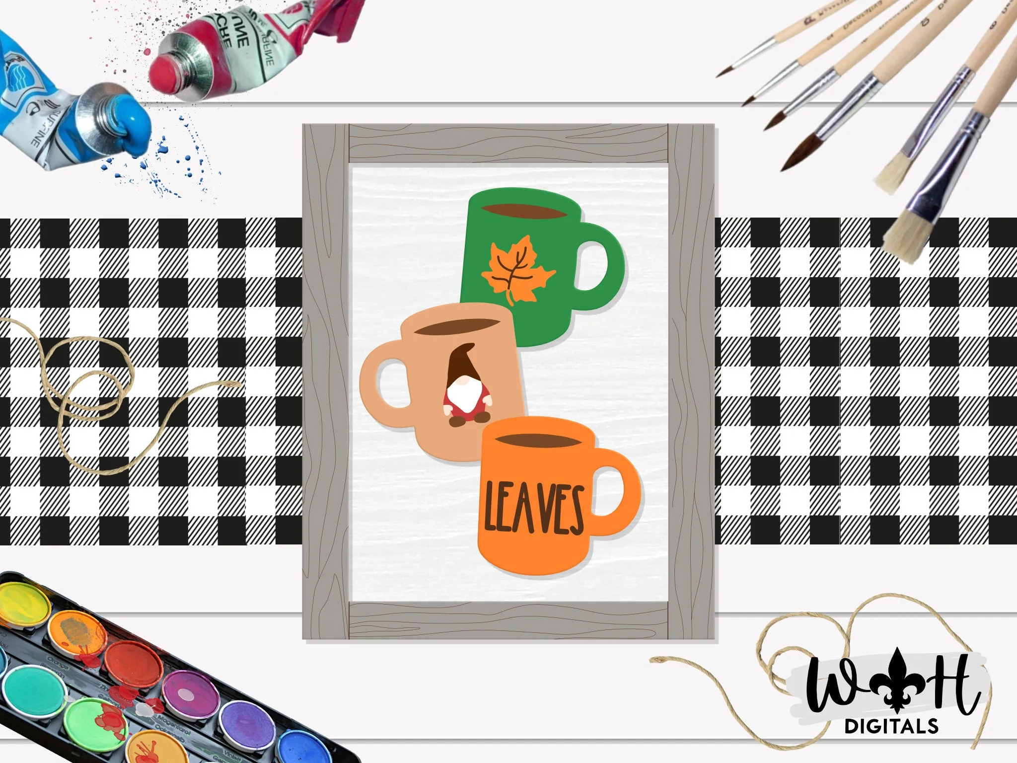 Leaves Stacked Coffee Mugs Farmhouse Frame Sign - Autumn Tiered Tray Decor and DIY Kits - Cut File For Glowforge Lasers - Digital SVG File