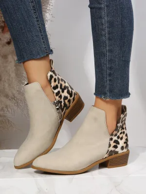 Leopard Pattern Chunky Heeled Boots - Beige