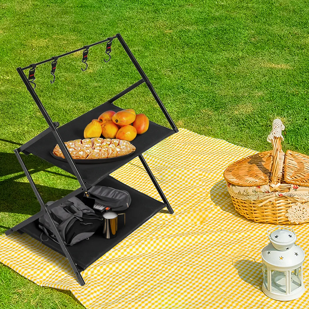Levede Foldable Camping Storage Shelves 2 Layer with Hooks Black