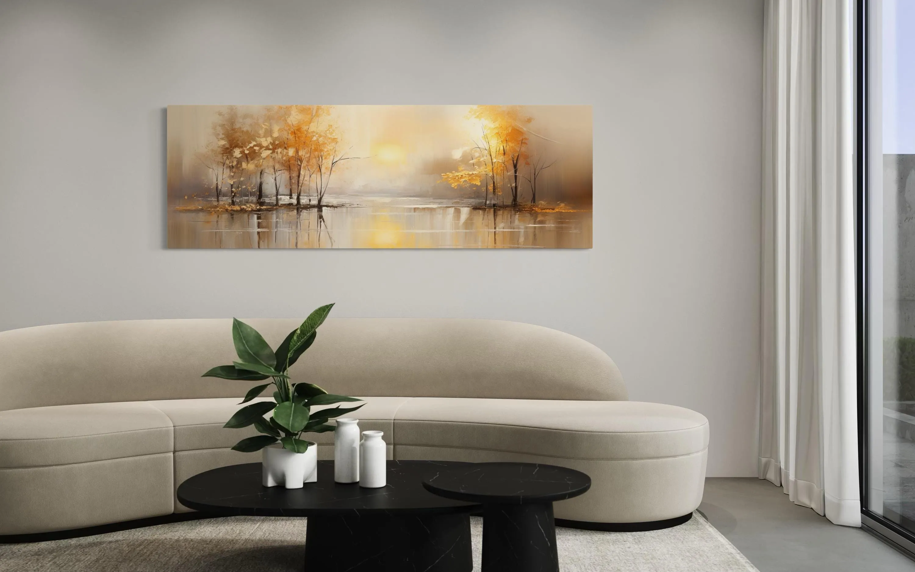 Long Horizontal Lake And Golden Autumn Trees Landscape Wall Art