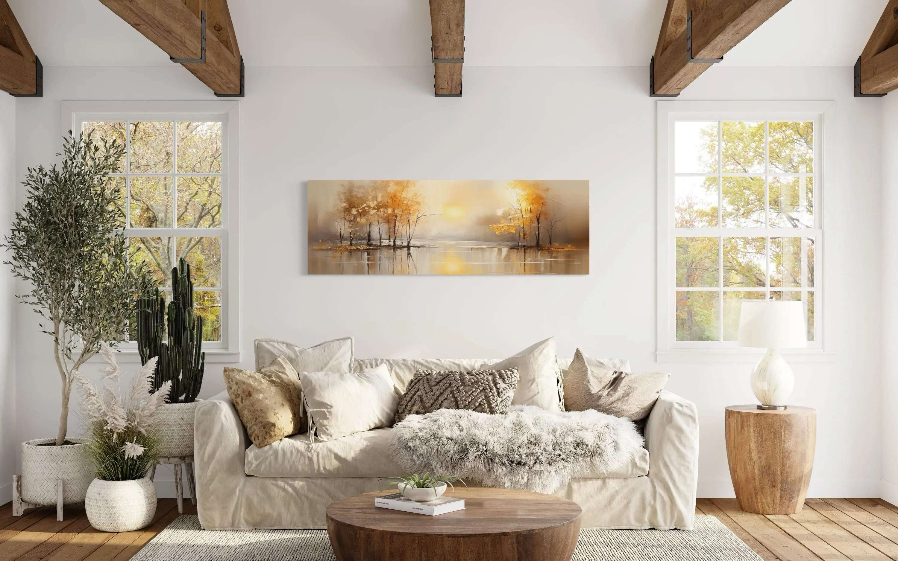 Long Horizontal Lake And Golden Autumn Trees Landscape Wall Art