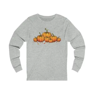 Long Sleeve T-shirt with Row of Vintage Pumpkins - Simple Design - Multiple Color Options